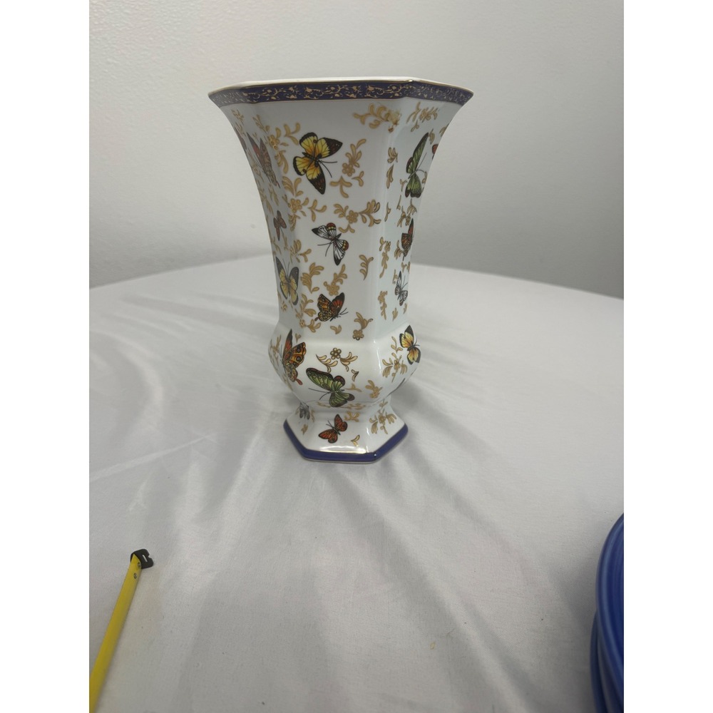 Formalities by Baum Bros Butterfly Floral Hexagon China Vase Blue Gold 10 Inch